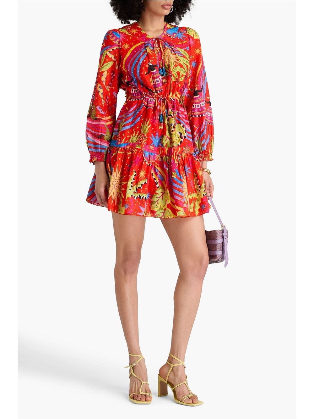 Farm Rio Red Magic Forest Long Sleeve Mini Dress Size XS Colorful Boho Festival
